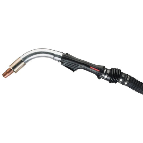 Lincoln Magnum 400XA GMAW welding gun, 15 ft, curved nozzle, black ergonomic handle, flexible cable—WeldingMart accessory.