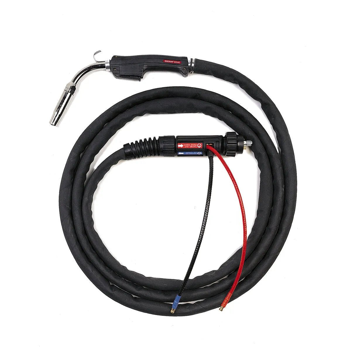 Lincoln Magnum 450 Water Cooled Welding Gun K684-12 for MIG and flux-cored welding, with coiled cable, nozzle, and wires.