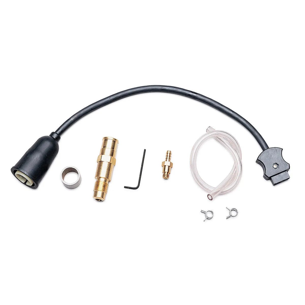 A propane refill adapter kit is displayed with a black hose, brass connectors compatible with Lincoln Magnum 550 Connector Kit Lincoln Feeders K613-1, a hex key, plastic tube, valve handle, metal ring, and two hose clamps on white background.
