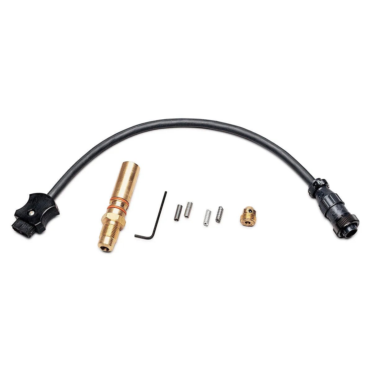 A Lincoln Magnum 550 Connector Kit Miller Feeders K613-3, including a flexible black hose with end fittings, brass adapter, L-shaped hex key, three small springs, and a cylindrical pin—compatible with KP45 series liners—on a white background.