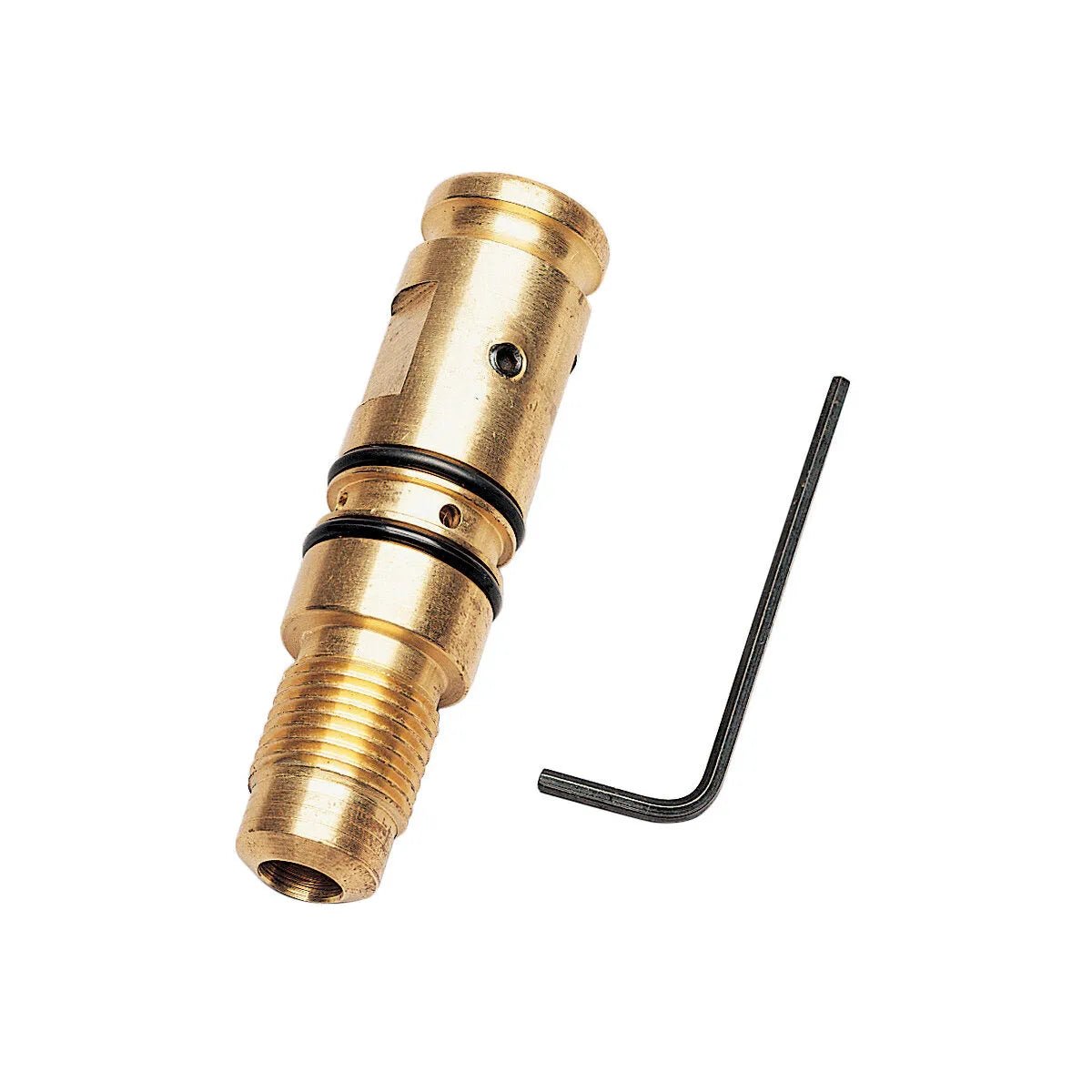 The Lincoln Magnum 550 Connector Kit Tweco Adapted K613-2 includes a brass valve stem with threaded end, two black O-rings, and a black L-shaped hex key, shown on a white background. Small holes and grooves aid fitting and installation.