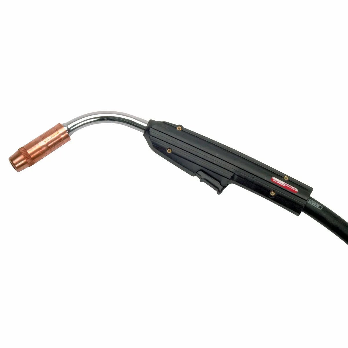 Lincoln Magnum 550 Welding Gun K598-7 with black handle, curved neck, and copper nozzle for MIG and flux-cored welding tools.