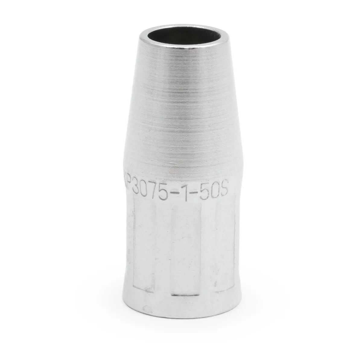 A close-up of the Lincoln Magnum PRO 100L & 175L Gas Nozzle, 1/4 in. stickout, 1/2 in. ID (KP3075-1-50S), shows its slightly tapered silver body with faint horizontal lines and engraved text against a plain white background.