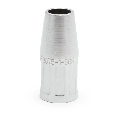 A close-up of the Lincoln Magnum PRO 100L & 175L Gas Nozzle, 1/4 in. stickout, 1/2 in. ID (KP3075-1-50S), shows its slightly tapered silver body with faint horizontal lines and engraved text against a plain white background.