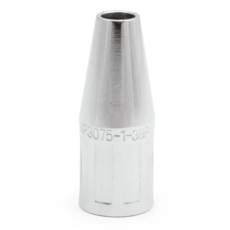 The Lincoln Magnum PRO 100L & 175L Gas Nozzle Flush, 3/8 in. ID (KP3075-1-38F), is a shiny, cylindrical metal nozzle with a smooth, tapered design and engraved model number for easy compatibility identification.