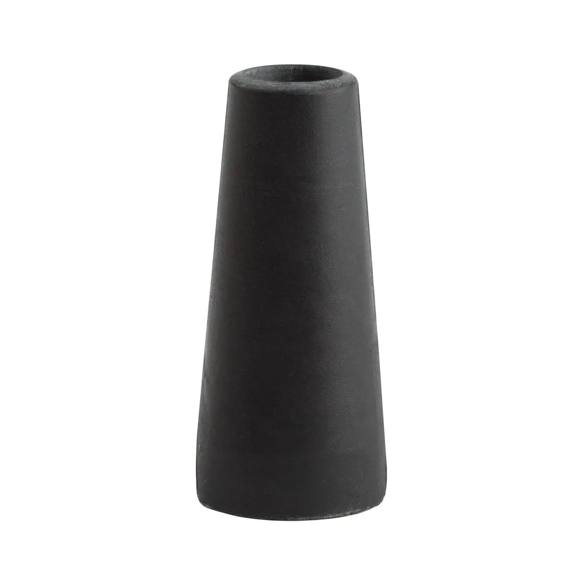 A matte black, conical vase with a smooth finish, inspired by the Lincoln Magnum PRO 100L & 175L Gasless Nozzle KP3084-1-B25, widens at the base and features a small round opening, displayed on a plain white background.