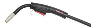 The Lincoln Magnum Pro 175L Welding Gun (10 FT) K4076-1 features a black finish, curved neck, metallic nozzle, red trigger, black grip handle, Copper Plus contact tips, and is attached to a black cable.