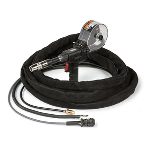 The Lincoln Magnum PRO 250LX GT Spool Gun 25 ft (K3569-2) features a black coiled hose, transparent cover, metallic nozzle, red trigger, and two cables with connectors, all displayed on a white background.