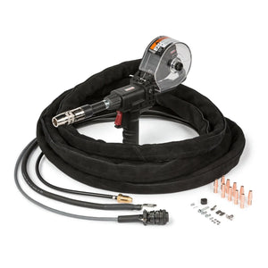 The Lincoln Magnum PRO 250LX GT Spool Gun 25 ft (K3569-2) stands upright with its clear wire spool case, long black cables coiled around it, and various copper nozzles, connectors, and metal fittings displayed on a white background.