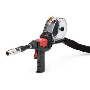 The Lincoln Magnum PRO 250LX Spool Gun 25 ft K3570-2 has a black and red pistol grip, metal front nozzle, transparent spool housing, and black cable. It is designed as an accessory for the POWER MIG 256.