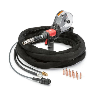 The Lincoln Magnum PRO 250LX Spool Gun 25 ft (K3570-2) features a clear spool cover, red/black handle, long coiled cable, two extra hoses with connectors, and ten copper welding tips. Compatible with POWER MIG 256; shown on a white background.