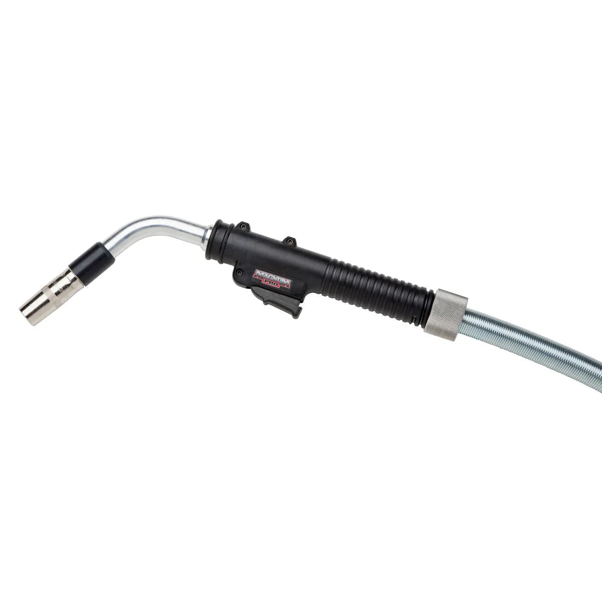 The Lincoln Magnum PRO 350 Dual Schedule Welding Gun (K3132-2) has a curved metallic nozzle, black grip handle, trigger switch, and a flexible hose with coiled sheath—perfect for MIG and flux-cored welding. Shown on a white background.