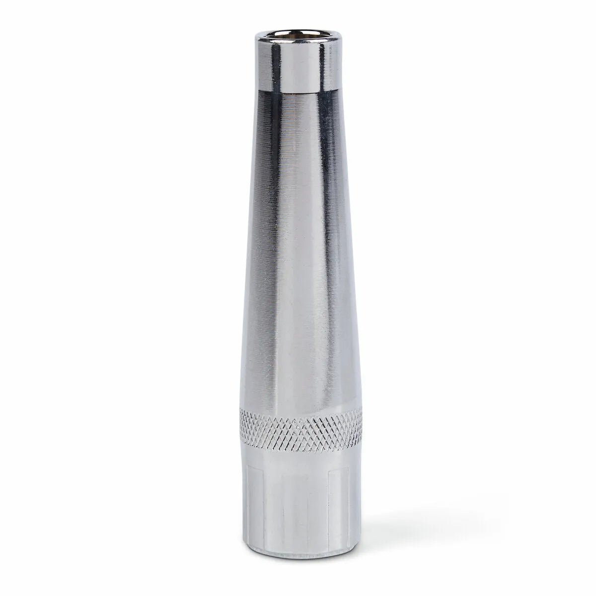 The Lincoln Magnum PRO 350A Gas Nozzle Narrow Gap, 1/8 in. Recess, Thread-On, 1/2 in. ID (KP3617-1-50R) is a shiny, metallic cylinder with a knurled grip and smooth surface, shown against a plain white background.
