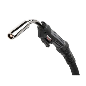 A Lincoln Magnum PRO 400 Water Cooled Welding Gun (K4521-2-10-45) featuring a black textured handle with gray grip, a trigger, and a curved metallic nozzle, shown isolated on a white background with the brand label near the nozzle.
