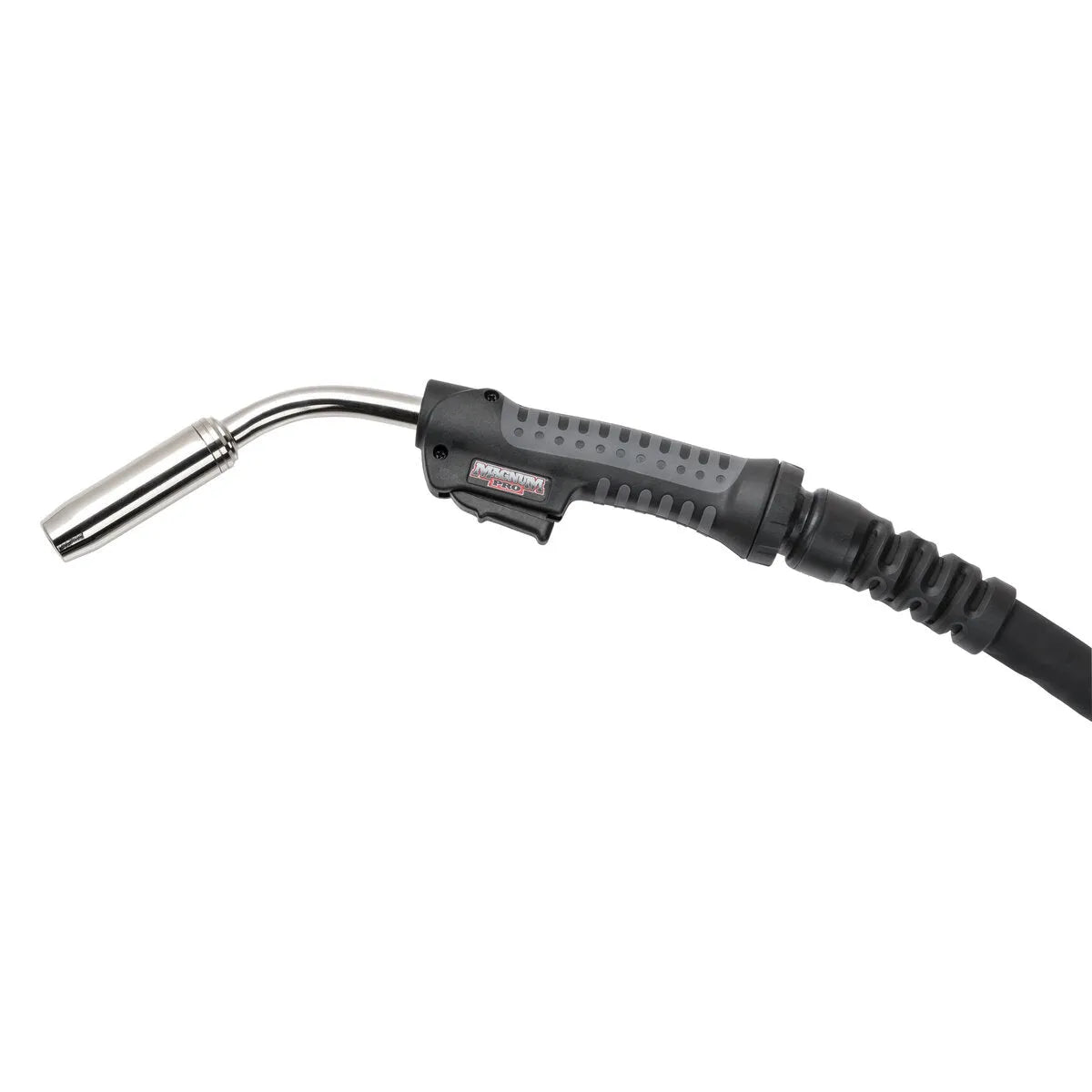 A close-up of the Lincoln Magnum PRO 400 Water Cooled Welding Gun K4521-2-10-45, featuring a silver nozzle, black and gray ergonomic handle, ribbed cable, red trigger, and textured grip for reliable performance against a white background.