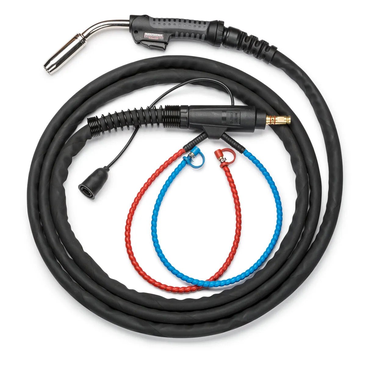 The Lincoln Magnum PRO 400 Water Cooled Welding Guns K4521-2-10-45 features a coiled black cable, a Magnum PRO handle with a trigger and metallic nozzle, plus red and blue cables with metal hooks for water cooling.