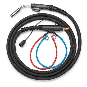 The Lincoln Magnum PRO 400 Water Cooled Welding Guns K4521-2-10-45 features a coiled black cable, a Magnum PRO handle with a trigger and metallic nozzle, plus red and blue cables with metal hooks for water cooling.