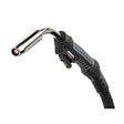 A close-up of the Lincoln Magnum PRO 400 Water Cooled Welding Gun K4521-2-FM-45 shows its black and silver finish, textured grip, curved neck, trigger, and durable metallic nozzle on a white background for reliable welding performance.