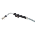 Close-up of a Lincoln Magnum PRO 450 Dual Procedure Welding Gun K3133-2 featuring a curved metallic nozzle, black ribbed handle, and coiled cable. Angled left with branding on the handle, shown against a plain white background.