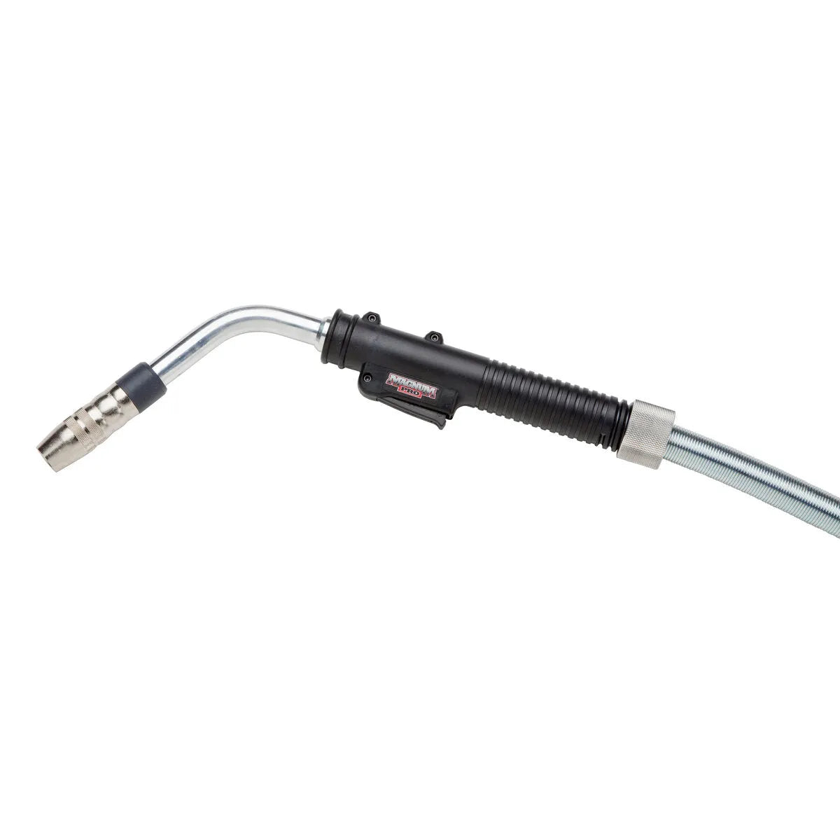 Close-up of a Lincoln Magnum PRO 450 Dual Procedure Welding Gun K3133-2 featuring a curved metallic nozzle, black ribbed handle, and coiled cable. Angled left with branding on the handle, shown against a plain white background.