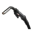 Close-up of Lincoln Magnum PRO 500 water-cooled MIG welding gun, curved handle, nozzle—WeldingMart equipment accessory.