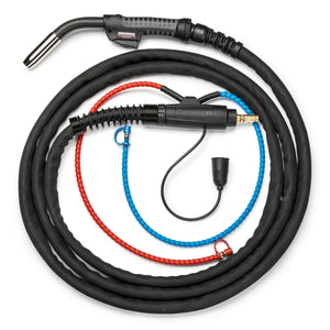 Lincoln Magnum PRO 500 Water Cooled Welding Gun K4522-2-10-45 with coiled cable, blue/red sleeves, and connector for high-heat welding.
