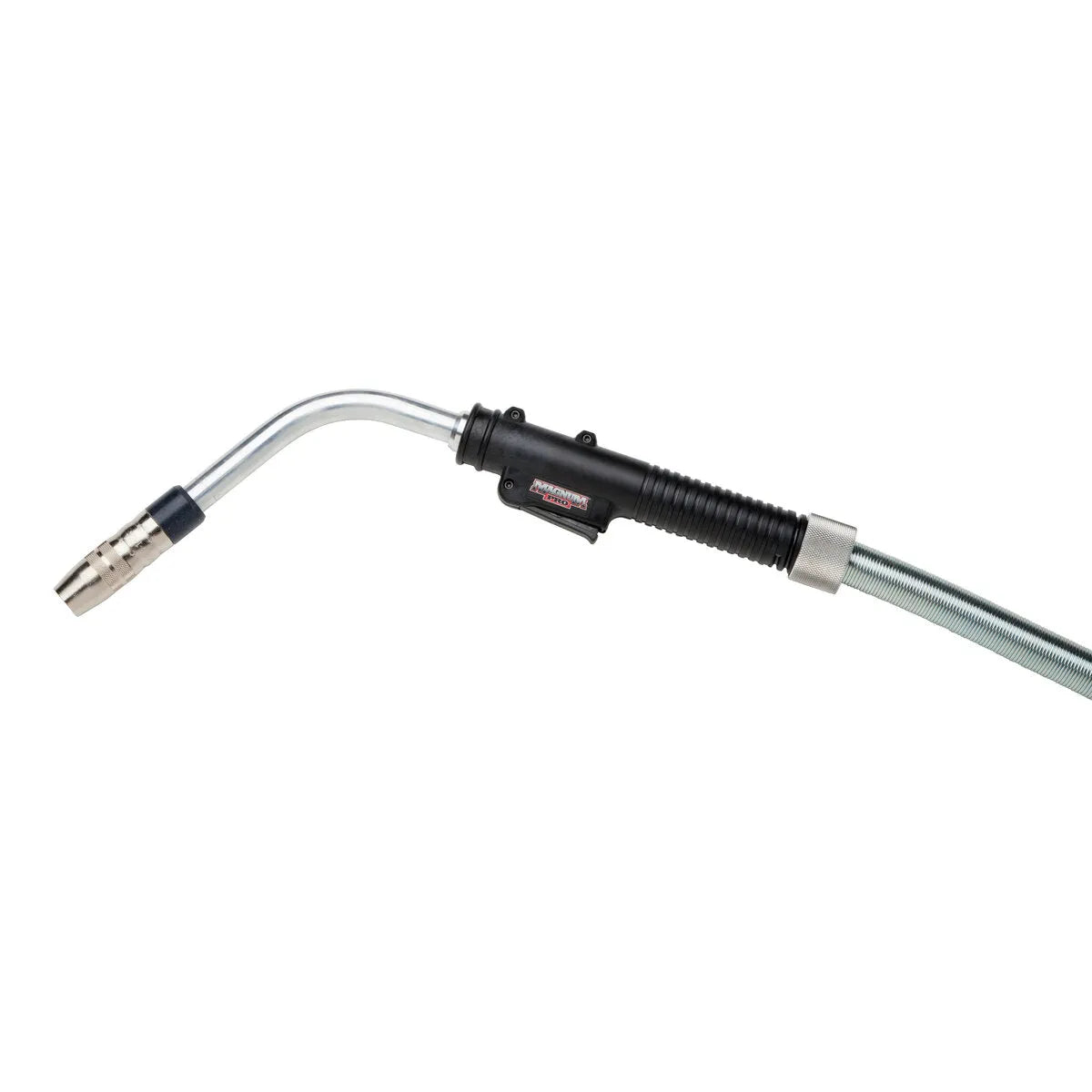 The Lincoln Magnum PRO 550 Dual Procedure Welding Gun K3135-1 features a curved metal neck, silver nozzle, black insulated handle, and a flexible ribbed hose. Designed for high amperage welding, it is shown against a plain white background.