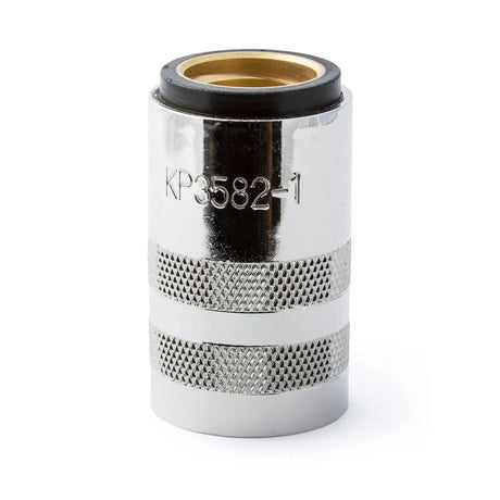 A cylindrical, silver Lincoln Magnum PRO 550A Heavy Duty Gas Nozzle Body (KP3582-1-B25, 25/pack) with knurled grips, engraved code “KP3582-1,” black ring, and brass interior shown on a plain white background.