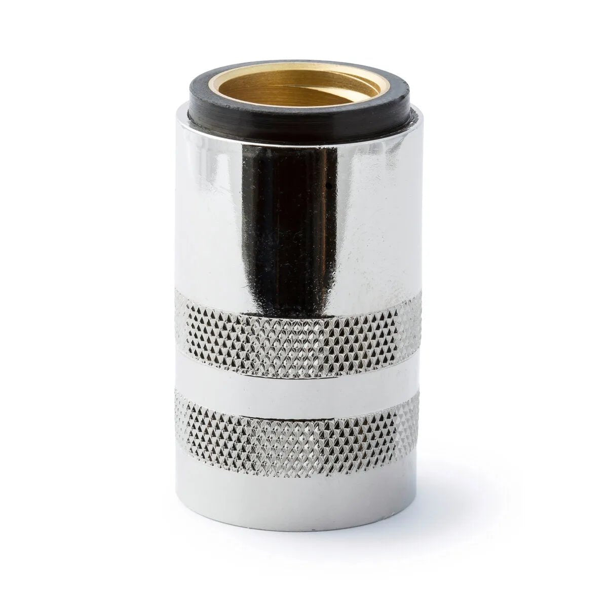 The Lincoln Magnum PRO 550A Heavy Duty Gas Nozzle Body Thread-On KP3582-1 is a chrome-plated metal cylinder with a brass-colored interior, black rubber top ring, and two knurled grip bands. Shown on a white background.