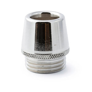 A Lincoln Magnum PRO 550A Heavy Duty Gas Nozzle, front end flush, thread-on, 5/8 in. ID (25/pack), features a conical silver body, wide circular opening, and spatter-resistant textured grip near the threaded base. Isolated on white.