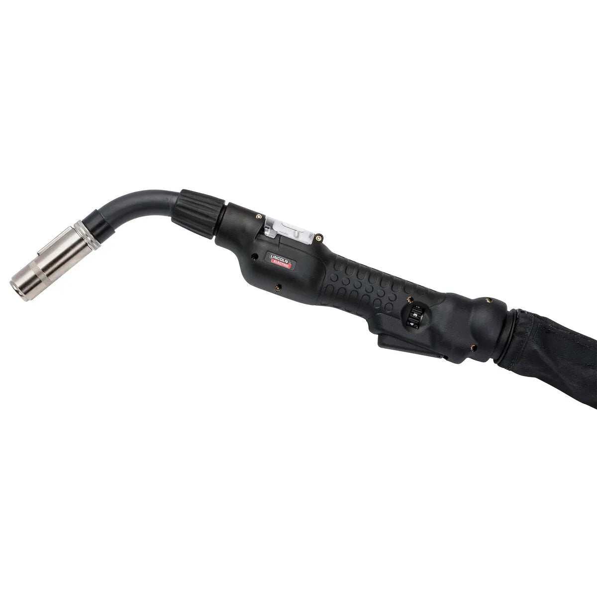 Lincoln Magnum PRO AL FC 450 Water 12P RT 50 ft MIG welding torch with curved nozzle, ergonomic grip, and control buttons for aluminum.