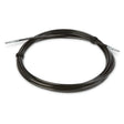The Lincoln Magnum PRO AL Fixed Conduit Liner 25 ft (KP4800-25) is a coiled black cable with metal end caps, secured by two black bands, designed for aluminum wire feeding in push pull guns. Its shown lying neatly wound on a white background.