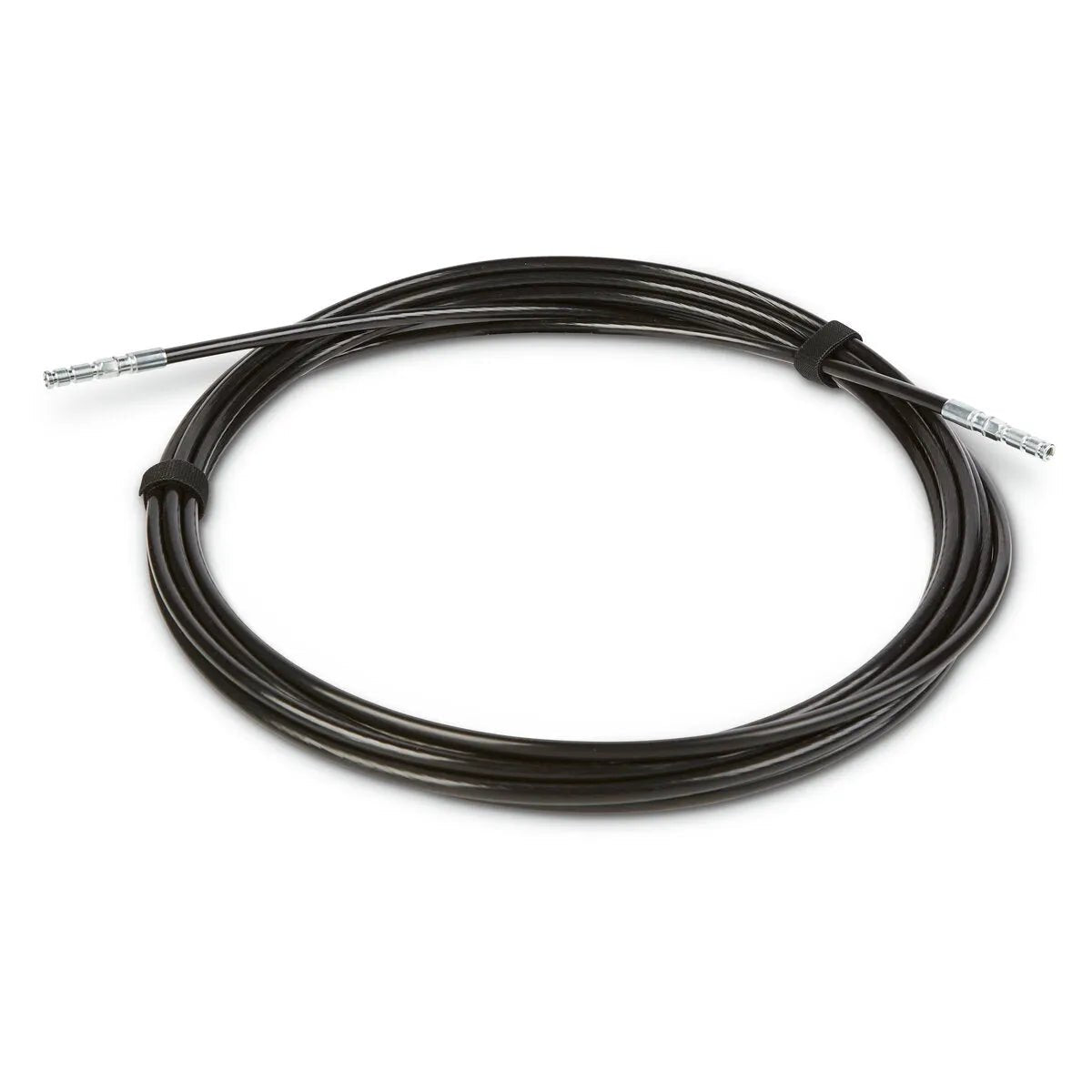 The Lincoln Magnum PRO AL Fixed Conduit Liner 25 ft (KP4800-25) is a coiled black cable with metal end caps, secured by two black bands, designed for aluminum wire feeding in push pull guns. Its shown lying neatly wound on a white background.
