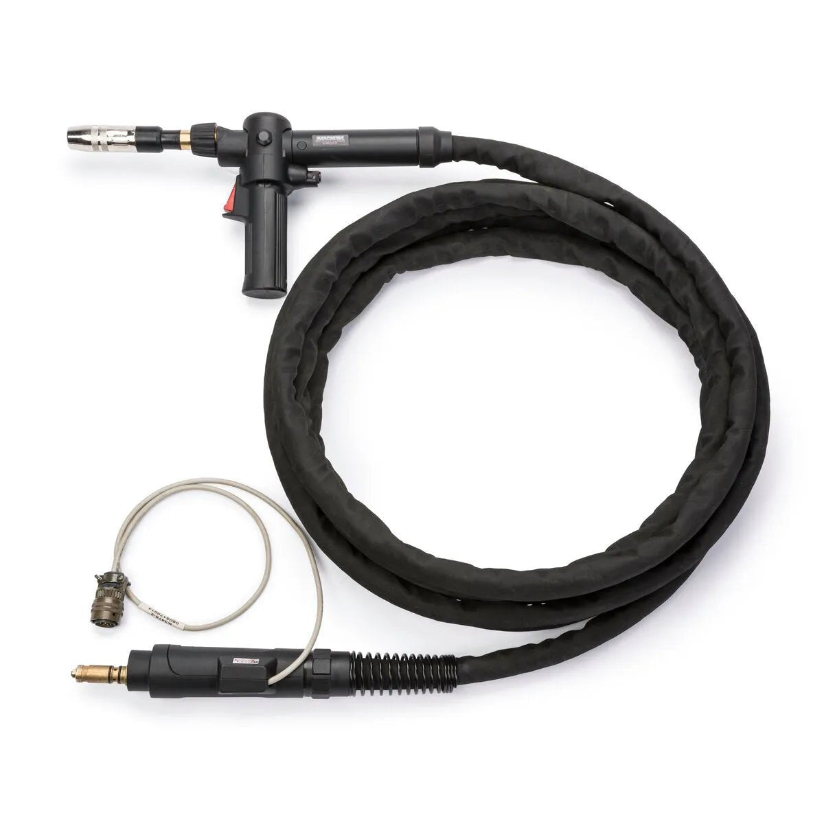 Lincoln Magnum PRO AL Pistol Grip Welding Gun Air-Cooled 15ft with flexible hose, torch handle, cable for MIG push-pull welding.
