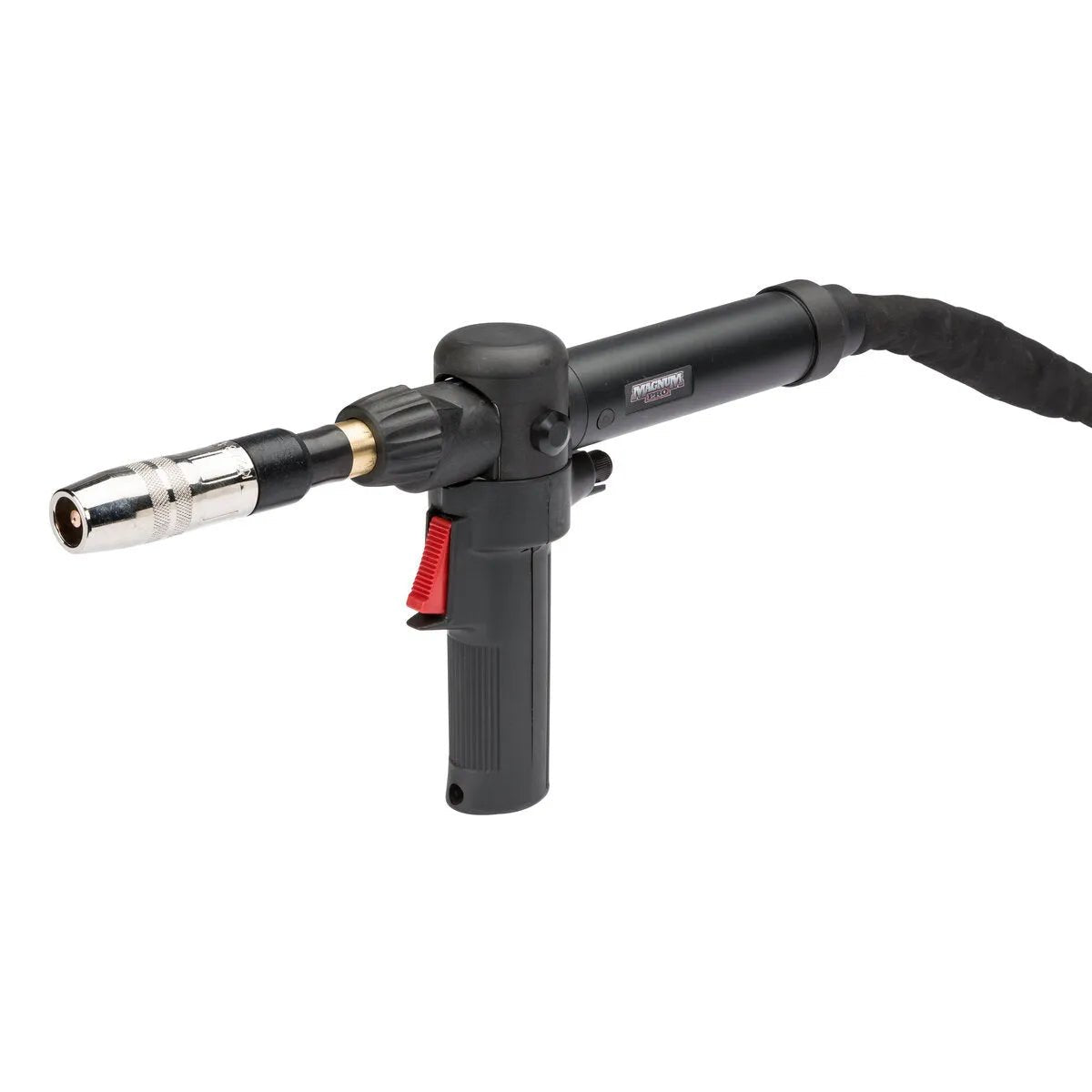 Lincoln Magnum PRO AL Pistol Grip MIG Welding Gun, Air-Cooled, 35 ft, black tool with trigger, cable, nozzle, red switch.