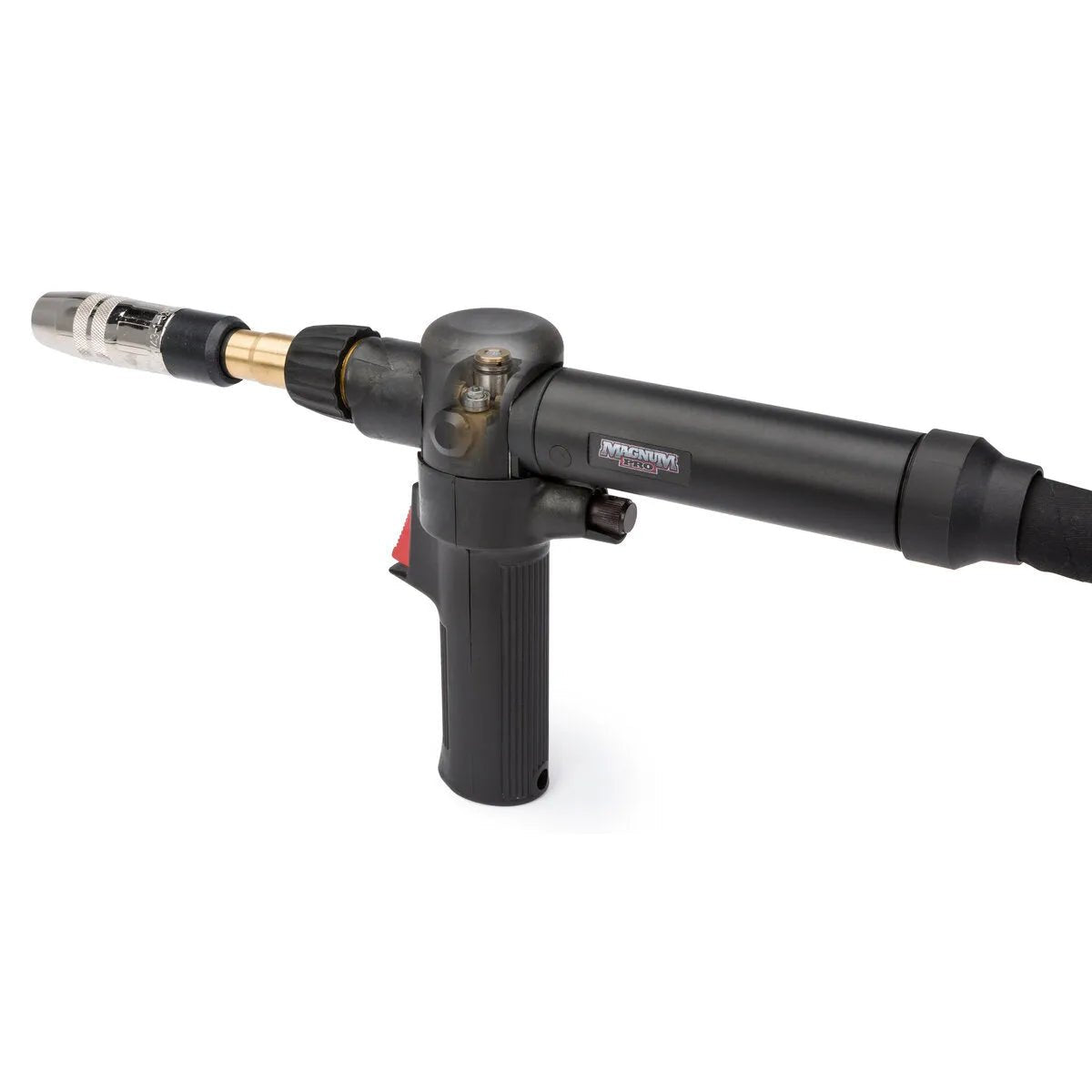 Lincoln Magnum PRO AL Water-Cooled Welding Gun, 15ft, pistol grip, black/brass, for industrial aluminum welding equipment.