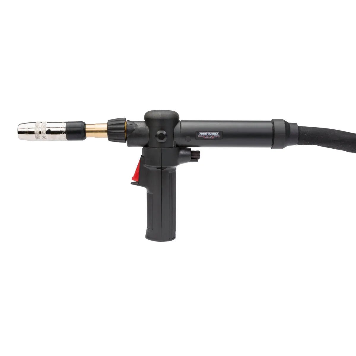 Lincoln Magnum PRO AL Pistol Grip Welding Gun, water-cooled, 25ft hose K3479-2, black body with brass fittings on white background.