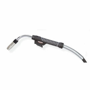 Lincoln Magnum PRO Barrel HDE 350 Dual Schedule 15ft MIG torch with curved nozzle, ergonomic handle, and flexible cable for welders.