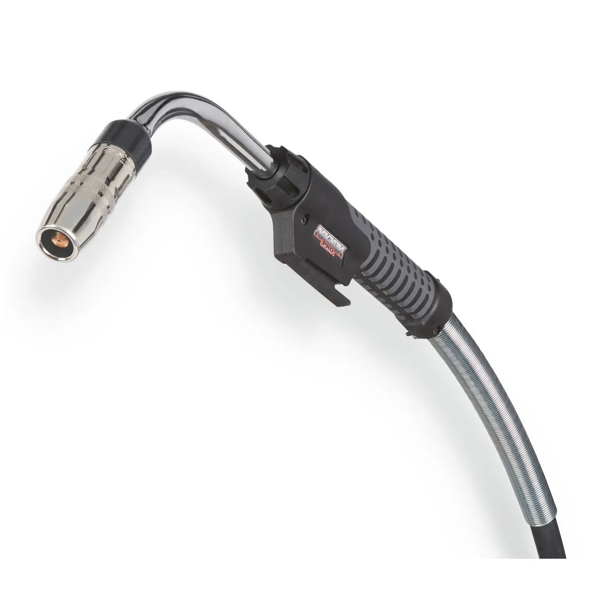 Lincoln Magnum PRO Barrel HDE 450 MIG welding torch, 20 ft, black handle, curved neck, silver nozzle, heavy-duty cable for welders.