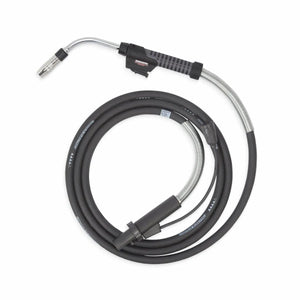 Lincoln Magnum PRO Barrel HDE 450 Dual Schedule 15ft welding gun K5308-2 with ergonomic handle and nozzle, coiled on white background.