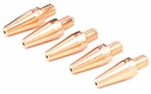 Five Lincoln MAGNUM PRO CONTACT TIPS .030 (5 tips per pack) are arranged diagonally on a white background, each with a copper-colored, cylindrical tapered shape and threaded ends for easy Spool Gun attachment.