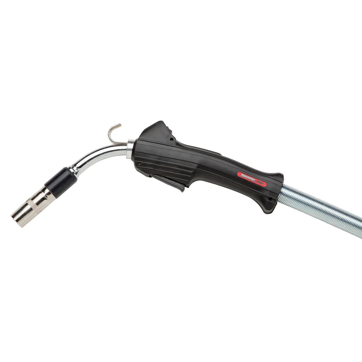 The Lincoln Magnum PRO Curve 300 Dual Procedure Welding Gun K3130-4 features a black handle with a ridged grip, curved metallic nozzle, Copper Plus contact tips, ribbed metal hose, and red label, all shown against a white background.