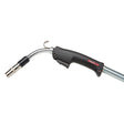 Close-up of a Lincoln Magnum PRO Curve 300 Dual Schedule Welding Gun (K3092-3) featuring a curved metal neck and nozzle, black handle with trigger and hooked hanger, red and white label, and flexible metallic cable for flux-cored welding.