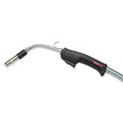 A close-up of a Lincoln Magnum PRO Curve 400 Dual Schedule Welding Gun K3093-3 with a black ergonomic handle, trigger, metallic curved neck, and silver nozzle. The hose extends from the handle. For MIG and flux-cored welding.