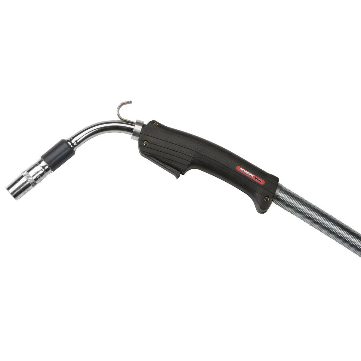 A close-up of the Lincoln Magnum PRO Curve 400 Shortneck Welding Gun K3055-3, featuring a black handle, curved short-neck, silver nozzle, flexible conduit from the handle, and a metal hook near the base of the neck.