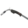 The Lincoln Magnum PRO Curve 400 Welding Gun K2952-2 features a black handle with a curved silver neck and nozzle, rubber grip, flexible cable hose, and a metallic hook on top. The torch is shown resting on a white background.