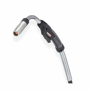 Lincoln Magnum PRO Curve HDE 350 Dual Schedule 15ft MIG welding gun with black handle, curved neck, and silver nozzle on white background.
