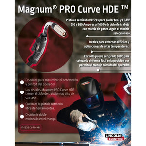 Lincoln Magnum PRO Curve HDE 350 Ready-Pak poster shows welder, MIG/FCAW welding benefits, features, and Lincoln Electric branding.