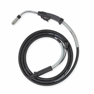 Lincoln Magnum PRO Curve HDE 450 Dual Schedule 15ft K5300-2 MIG welding gun, ergonomic handle, coiled cable, metal nozzle.