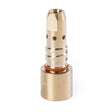 A brass cylindrical valve component with precision grooves, holes, and a red O-ring, similar to those found in Lincoln gas diffusers for welding guns, stands upright on a white background.